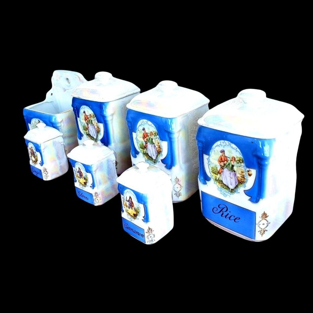 Vintage 20s Victoria China Czech Lusterware Canister Set 13 Pc Blue White